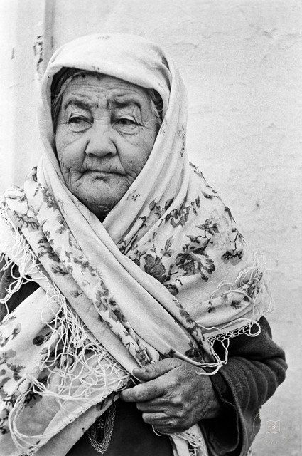 Turkmenistan — Portrait of an Elder Wearing a Long Scarf