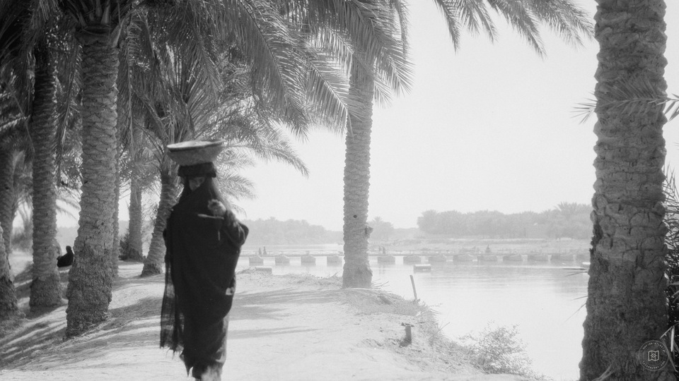 Kufa. (On the banks of the Euphrates). Once an important Muslim center of learning. A palm grove and the Euphrates. The Kufa bridge in distance